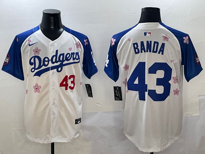Men Los Angeles Dodgers #43 Banda White Blue Sakura Edition 2025 Nike MLB Jersey style 2